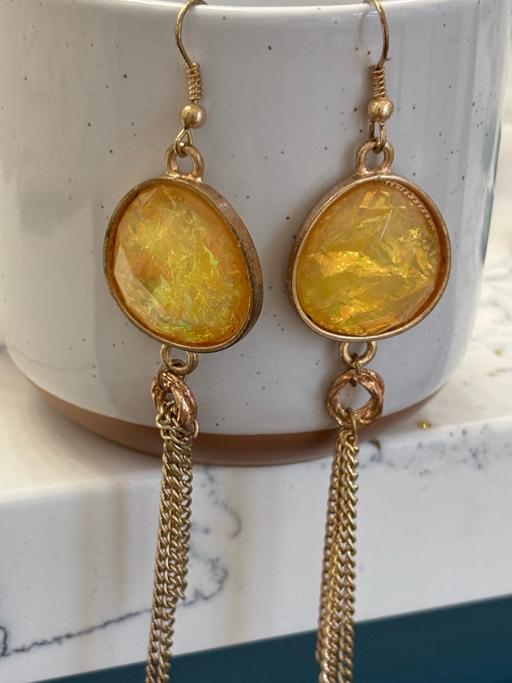 Gold Drop Earrings with Yellow Iridescent Stones